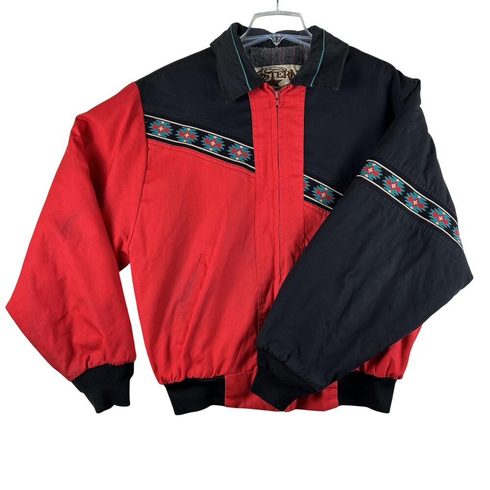 Vintage Western Frontier Jacket Mens Large Red Aztec Bomber Lined USA Western